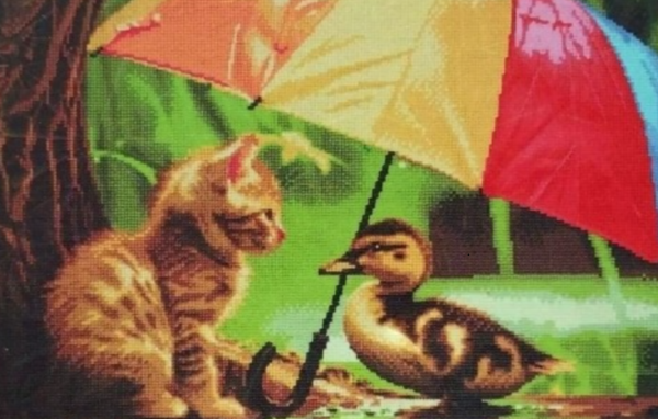 Diamond Painting Katze und Ente unter dem Regenschirm